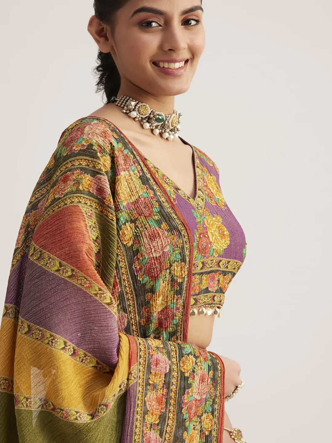 Multi Color Floral Printed Hand Work Pure Soft Organza Lehenga With Dupatta