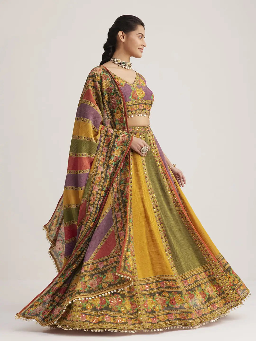 Multi Color Floral Printed Hand Work Pure Soft Organza Lehenga With Dupatta
