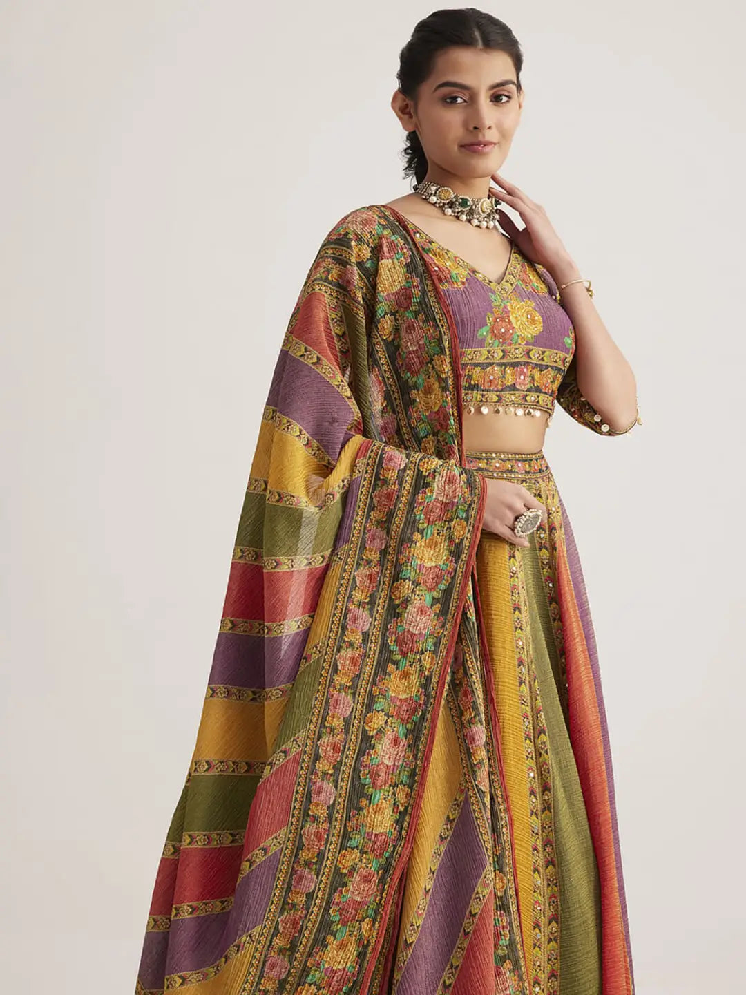 Multi Color Floral Printed Hand Work Pure Soft Organza Lehenga With Dupatta