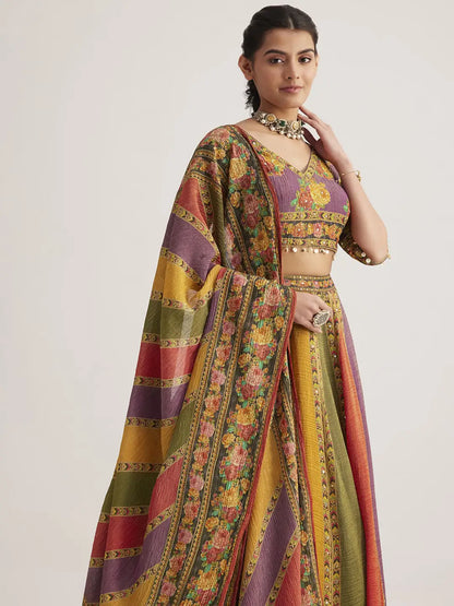 Multi Color Floral Printed Hand Work Pure Soft Organza Lehenga With Dupatta