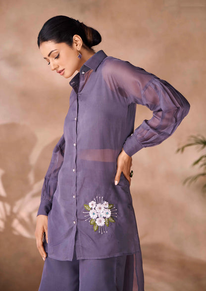 Purplish Grey Pure Organza Hand Work Designer Co-Ord Set