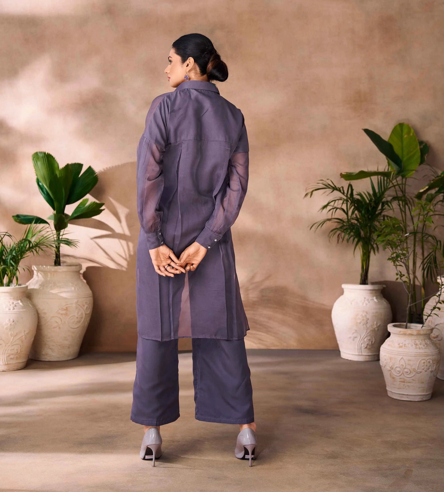 Purplish Grey Pure Organza Hand Work Designer Co-Ord Set