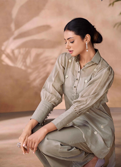Greyish Beige Pure Organza Hand Work Designer Co-Ord Set