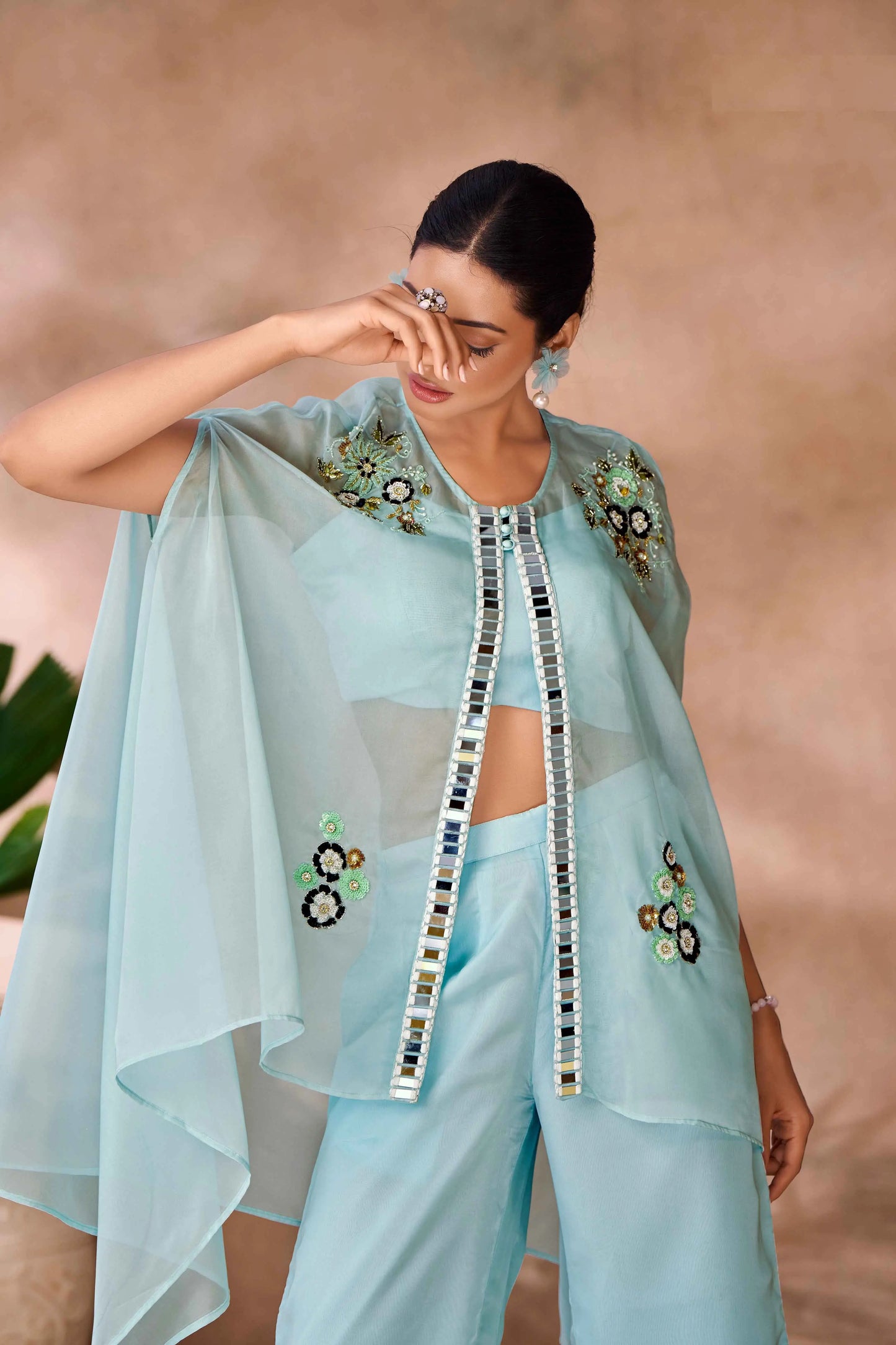 Aqua Blue Pure Organza Hand Work Indo Western Co-Ord Set With Cap