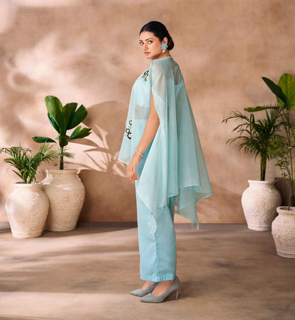 Aqua Blue Pure Organza Hand Work Indo Western Co-Ord Set With Cap