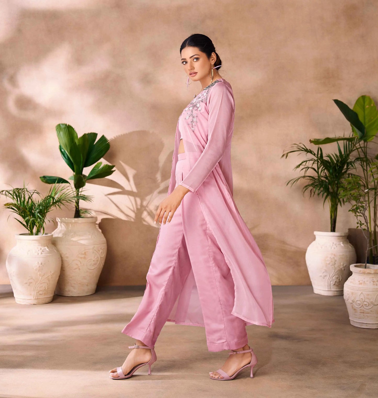 Baby Pink Hand Work Stylish Organza Indo-Western With Long Shrug