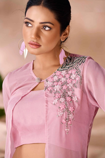 Baby Pink Hand Work Stylish Organza Indo-Western With Long Shrug