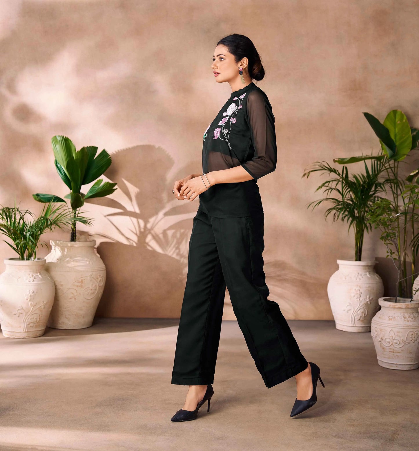 Most Trendy Black Organza Floral Hand Work Co- Ord Set