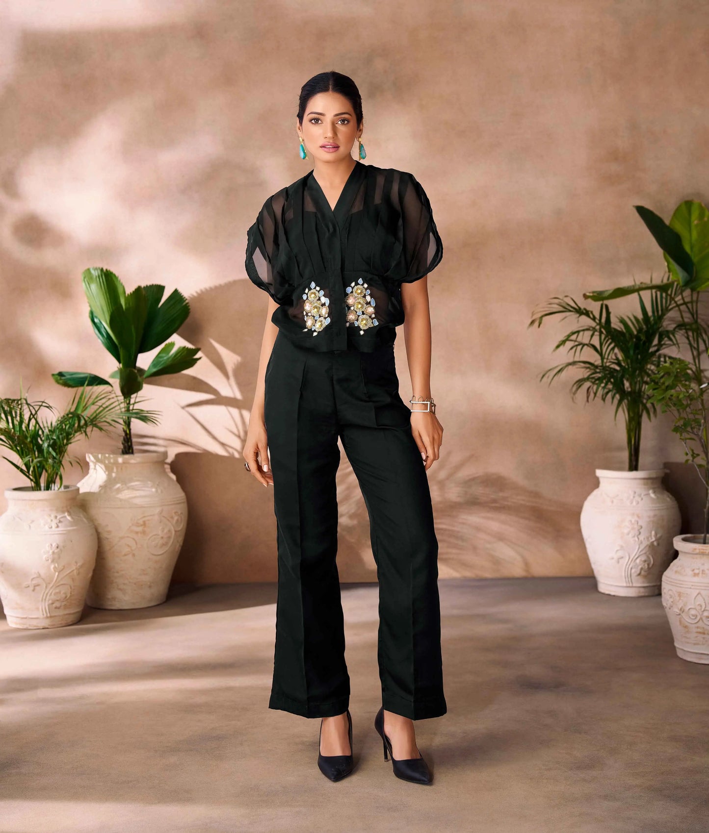 Beautiful Designer  Black Organza Floral Hand Work Co- Ord Set