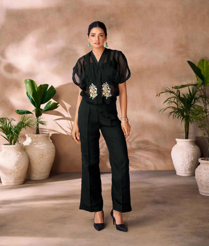 Beautiful Designer  Black Organza Floral Hand Work Co- Ord Set