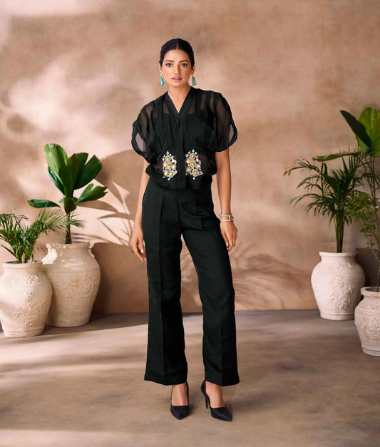 Beautiful Designer  Black Organza Floral Hand Work Co- Ord Set