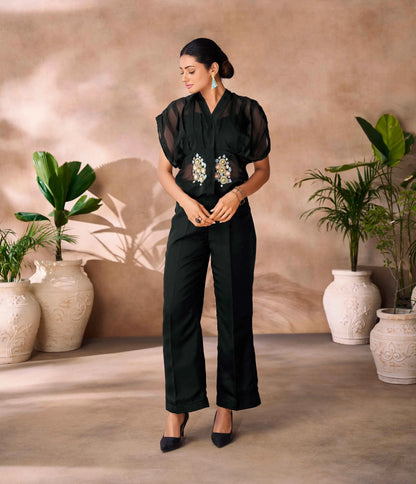 Beautiful Designer  Black Organza Floral Hand Work Co- Ord Set