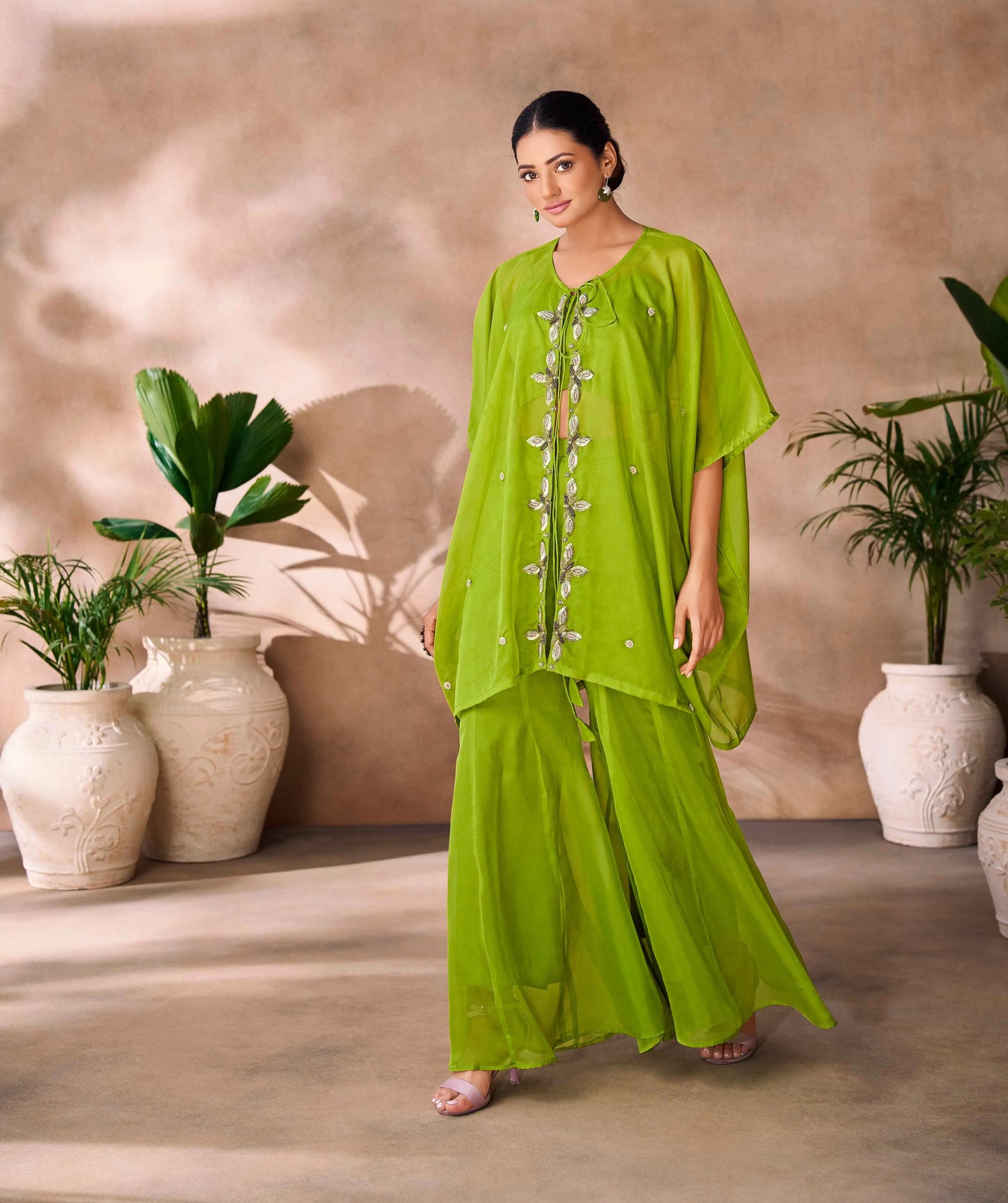 Parrot Green Hand Work Organza Indo Western With Cap