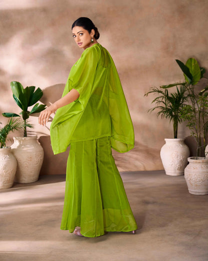 Parrot Green Hand Work Organza Indo Western With Cap