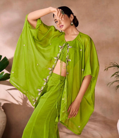 Parrot Green Hand Work Organza Indo Western With Cap