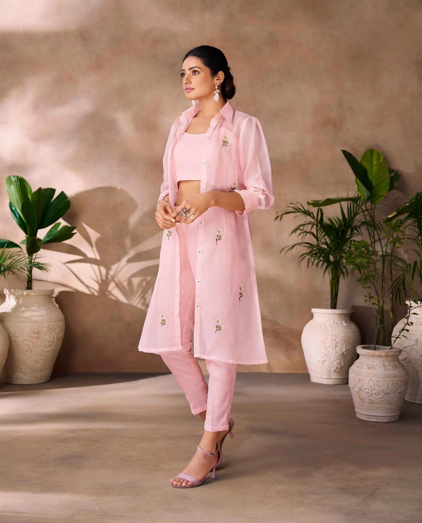 Peach Hand Work Stylish Organza Indo-Western With Long Shrug