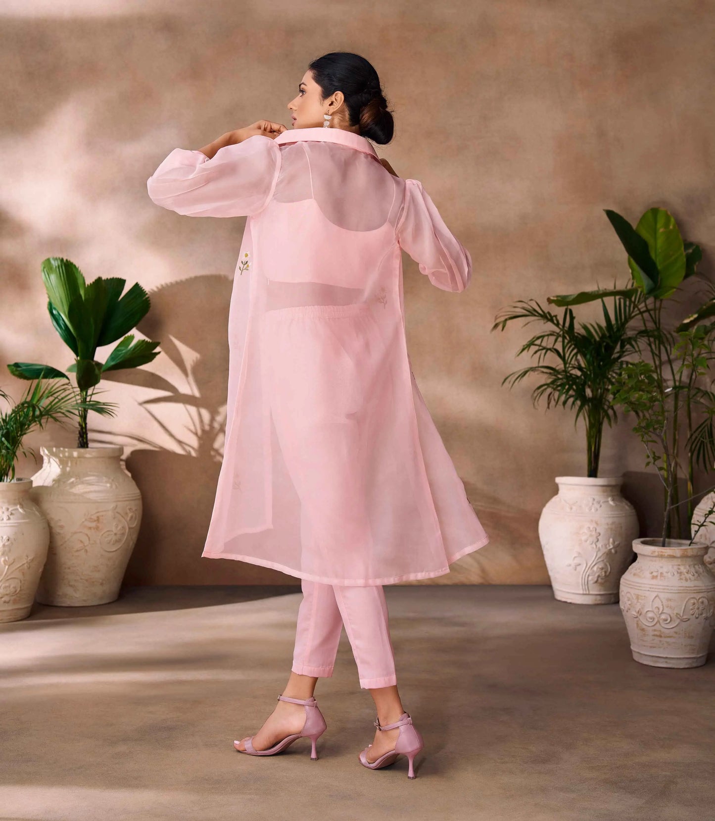 Peach Hand Work Stylish Organza Indo-Western With Long Shrug