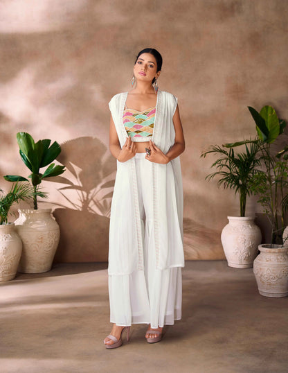 Wonderful White Indo Western Hand Work Blouse With Sharara And Cap