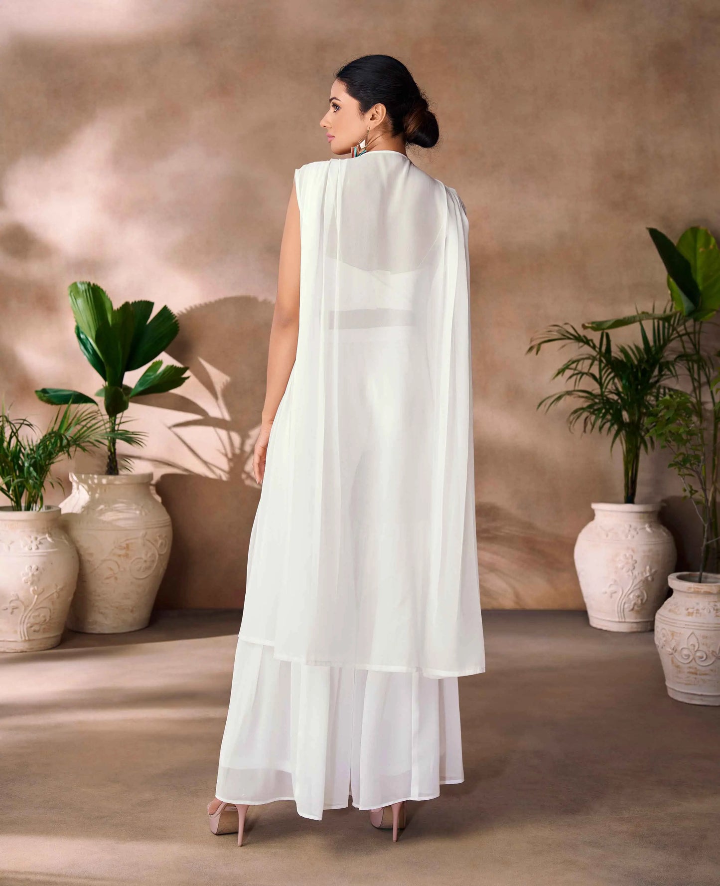 Wonderful White Indo Western Hand Work Blouse With Sharara And Cap