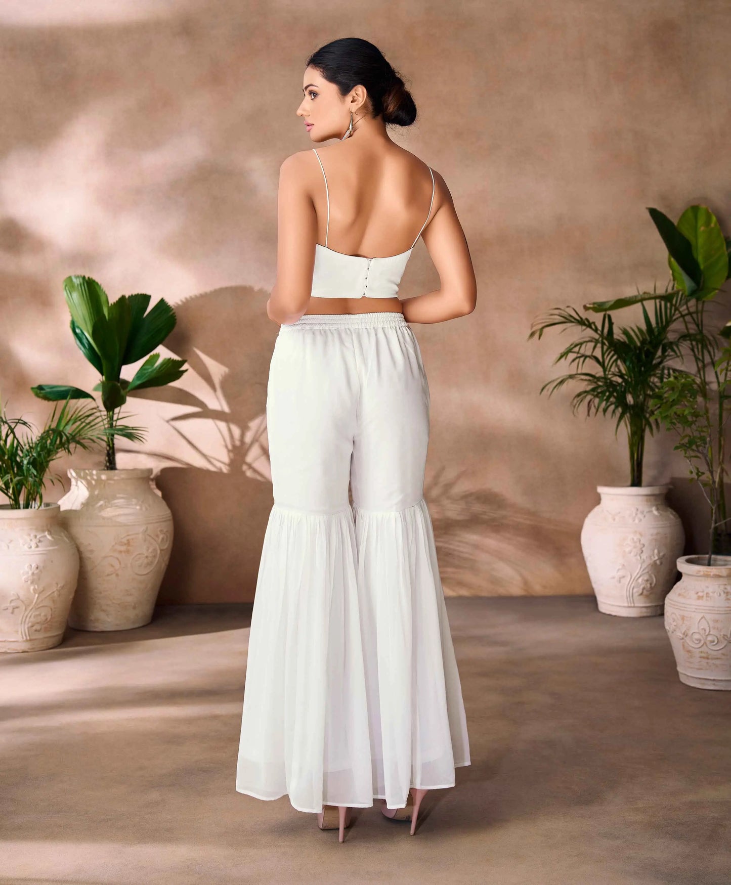 Wonderful White Indo Western Hand Work Blouse With Sharara And Cap