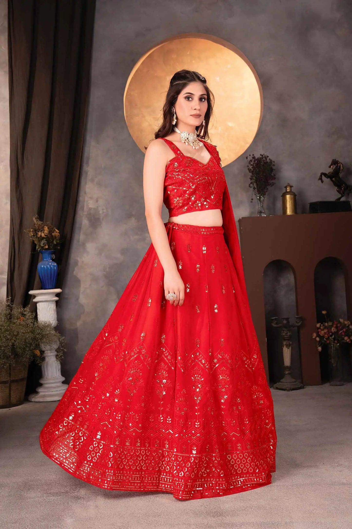 Cherry Red Georgette Lehenga With Sequins Embroidery Work And Dupatta