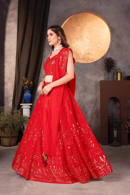 Cherry Red Georgette Lehenga With Sequins Embroidery Work And Dupatta