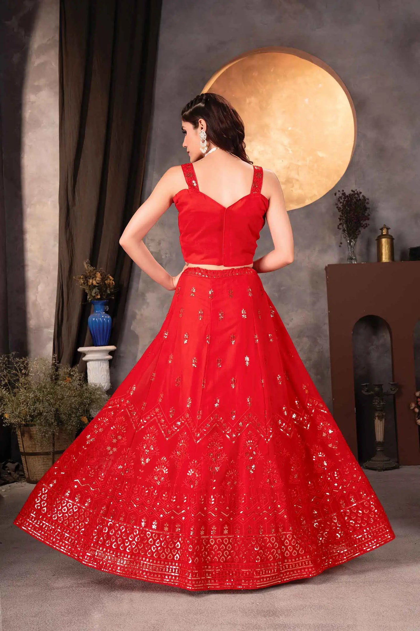 Cherry Red Georgette Lehenga With Sequins Embroidery Work And Dupatta
