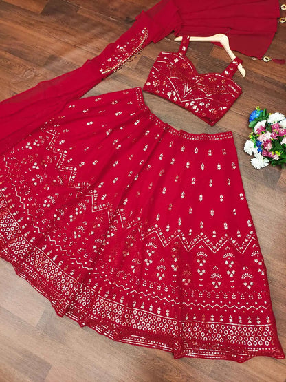 Cherry Red Georgette Lehenga With Sequins Embroidery Work And Dupatta