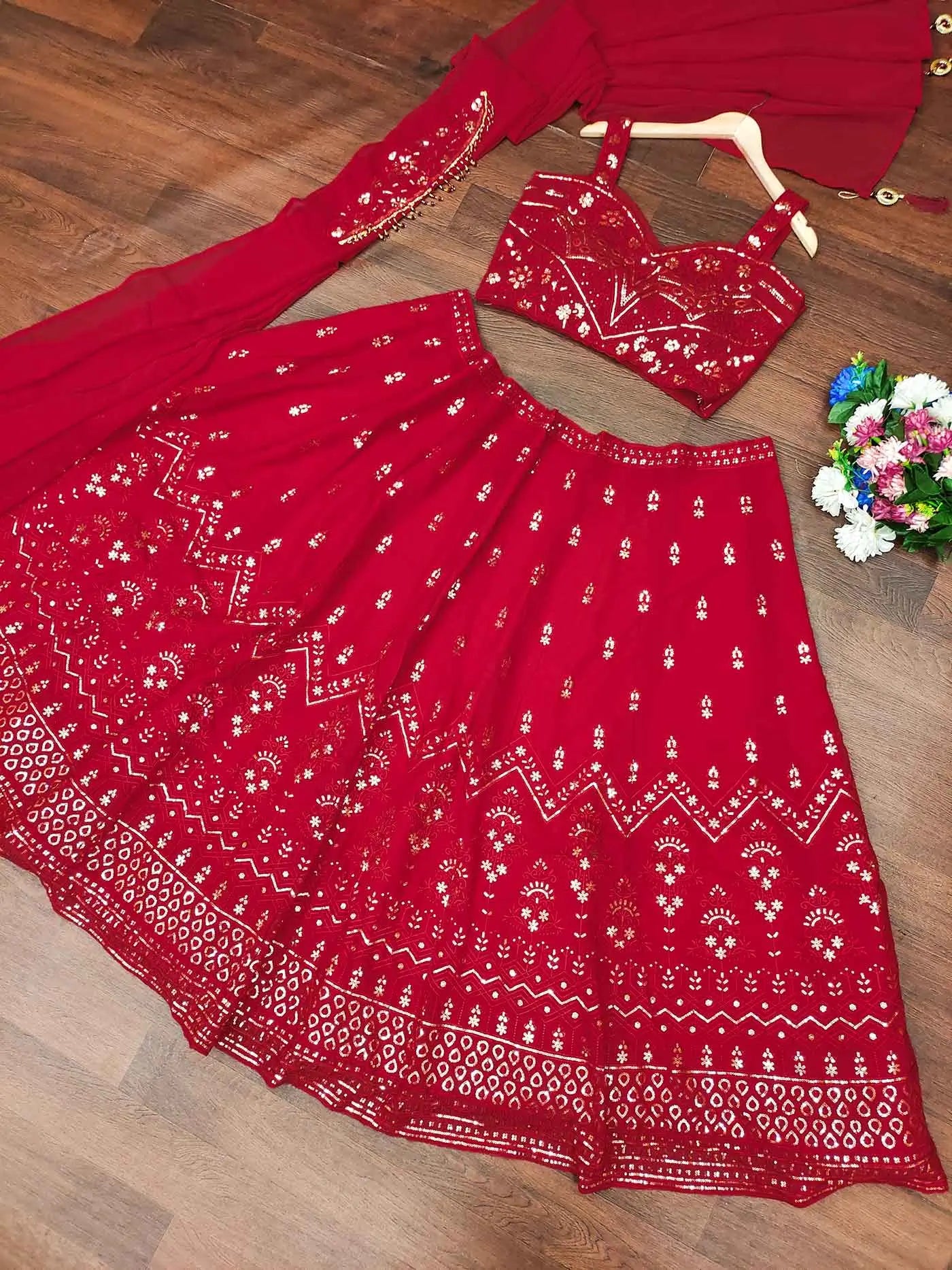 Cherry Red Georgette Lehenga With Sequins Embroidery Work And Dupatta
