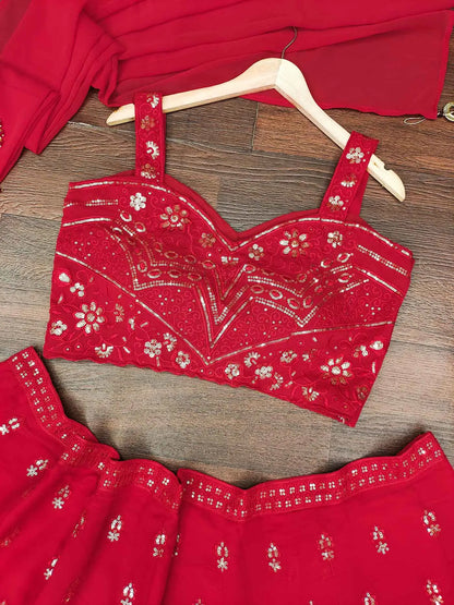 Cherry Red Georgette Lehenga With Sequins Embroidery Work And Dupatta