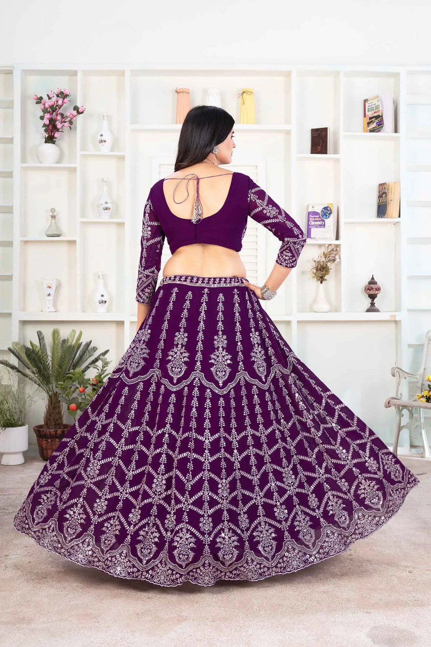 Deep Violet Thread Sequins Embroidery Work Georgette Lehenga