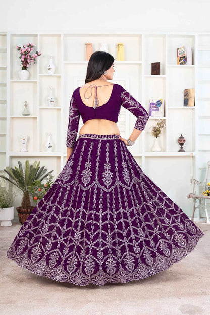 Deep Violet Thread Sequins Embroidery Work Georgette Lehenga