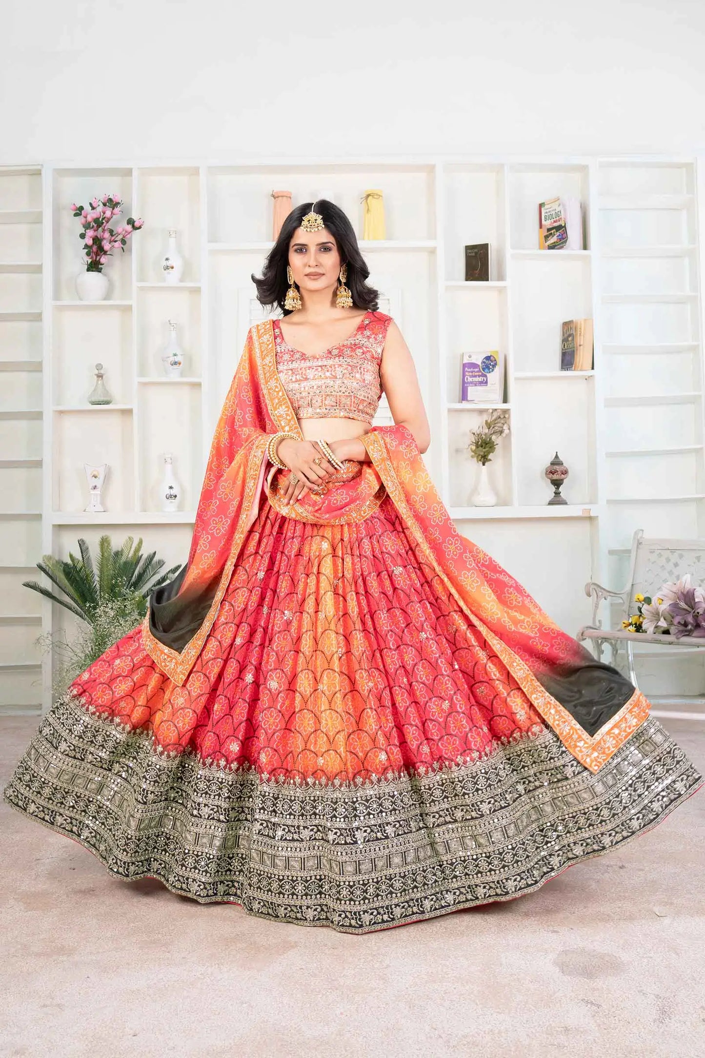 Multi Color Chinon Digital Print Lehenga With Thread Sequins Embroidery Work