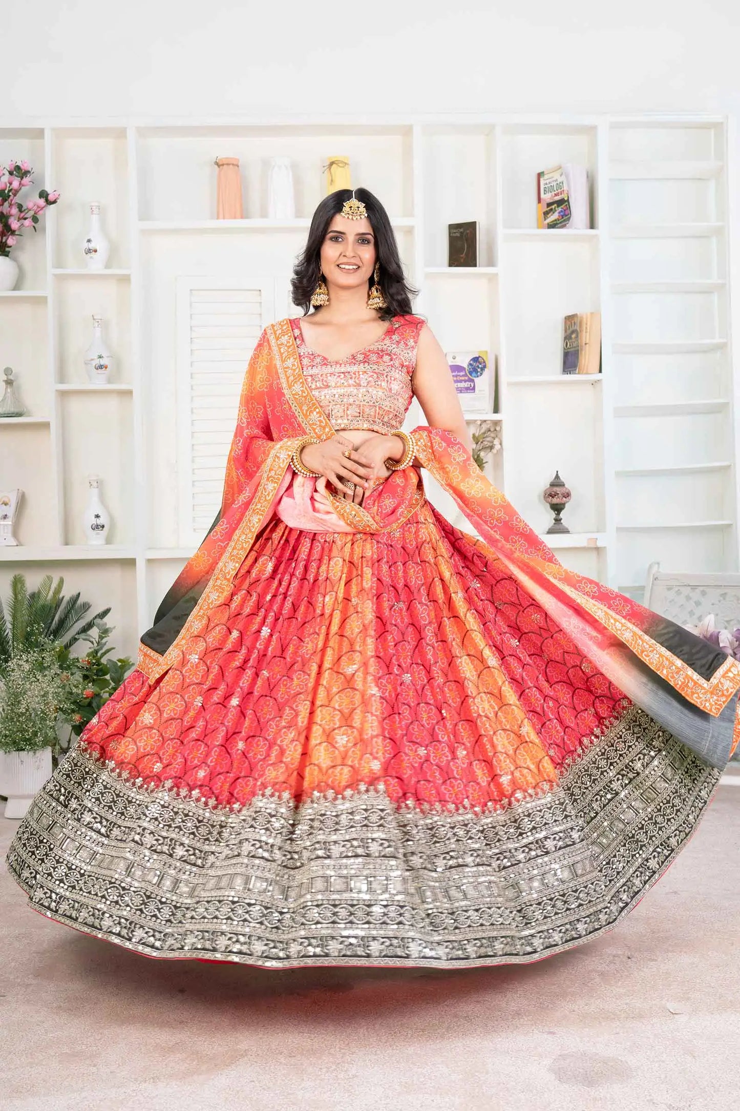 Multi Color Chinon Digital Print Lehenga With Thread Sequins Embroidery Work