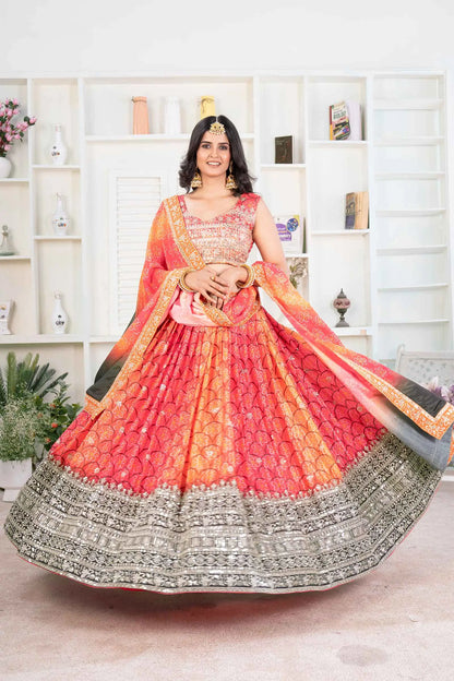 Multi Color Chinon Digital Print Lehenga With Thread Sequins Embroidery Work