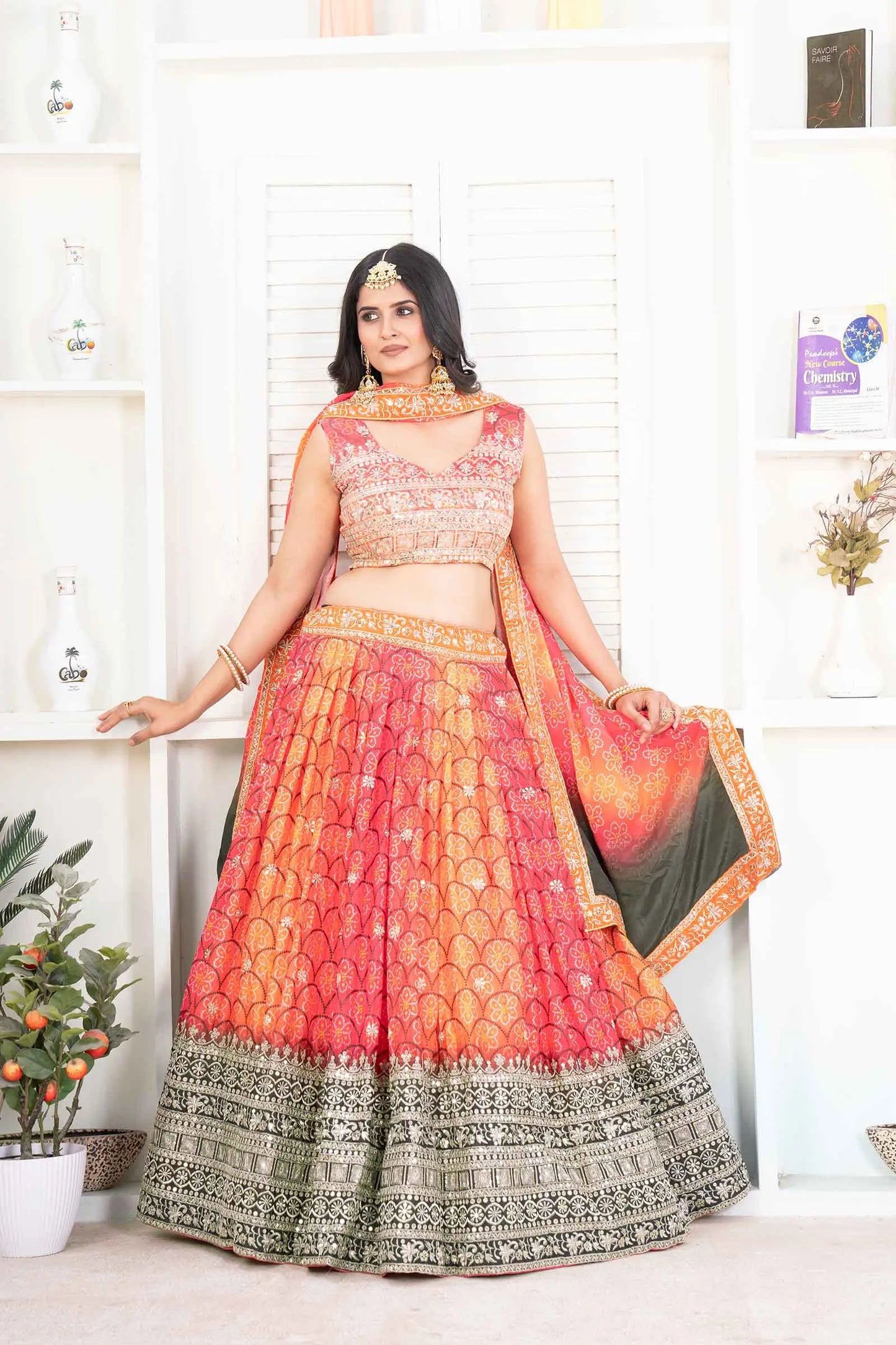 Multi Color Chinon Digital Print Lehenga With Thread Sequins Embroidery Work
