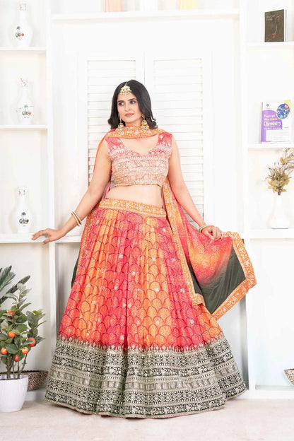Multi Color Chinon Digital Print Lehenga With Thread Sequins Embroidery Work