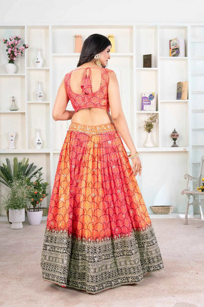 Multi Color Chinon Digital Print Lehenga With Thread Sequins Embroidery Work