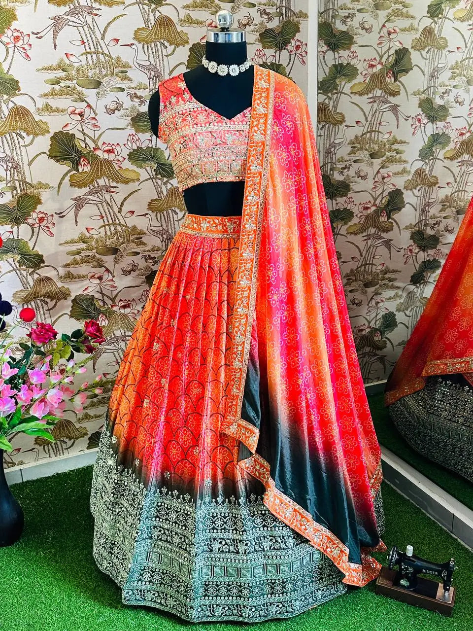 Multi Color Chinon Digital Print Lehenga With Thread Sequins Embroidery Work