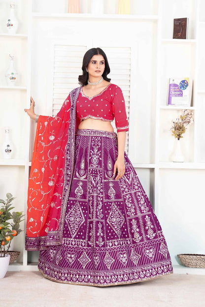 Grape purple Embroidery Sequins Design Work Lehenga With Contras Dupatta