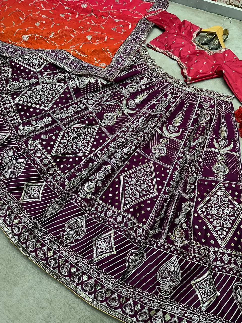 Grape purple Embroidery Sequins Design Work Lehenga With Contras Dupatta