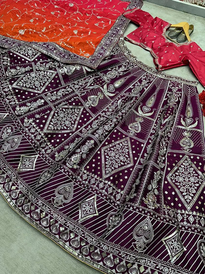 Grape purple Embroidery Sequins Design Work Lehenga With Contras Dupatta