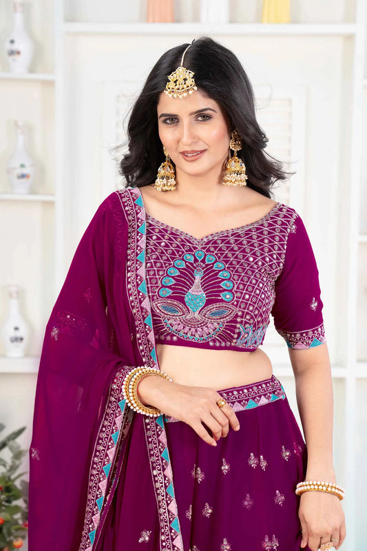 Black Berry Wine Georgette Lehenga With Thread Sequins Embroidery Work