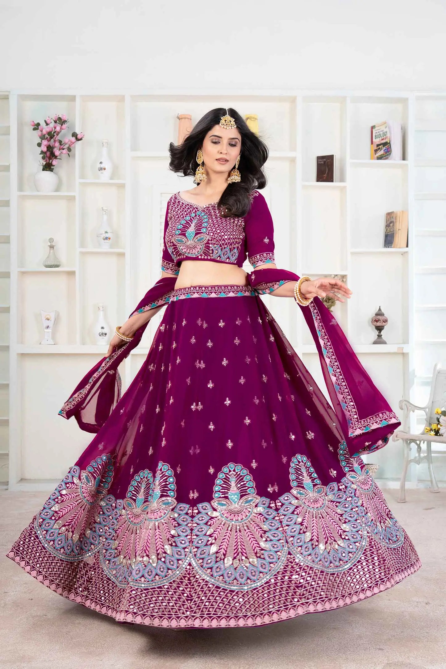 Black Berry Wine Georgette Lehenga With Thread Sequins Embroidery Work