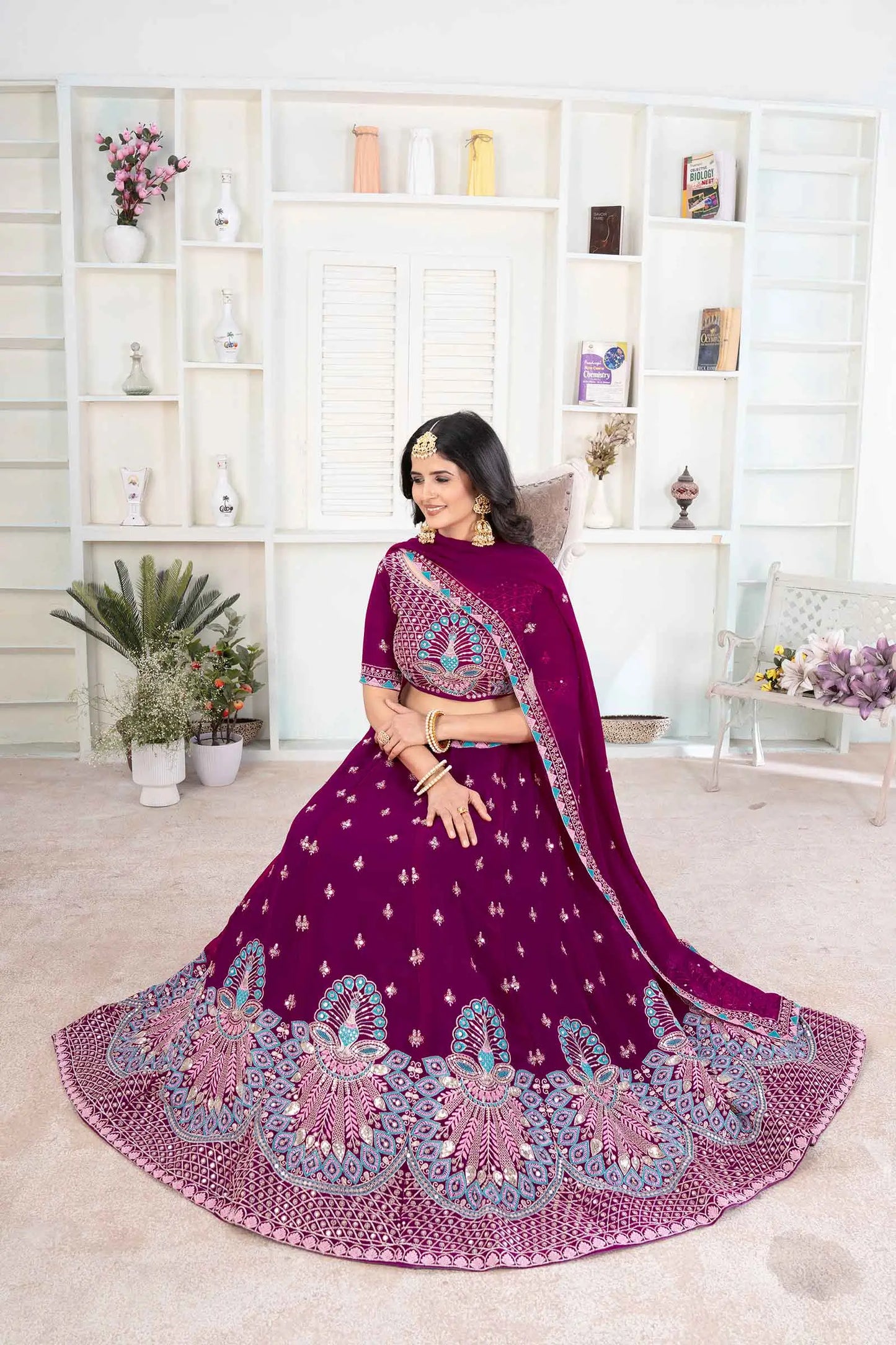 Black Berry Wine Georgette Lehenga With Thread Sequins Embroidery Work