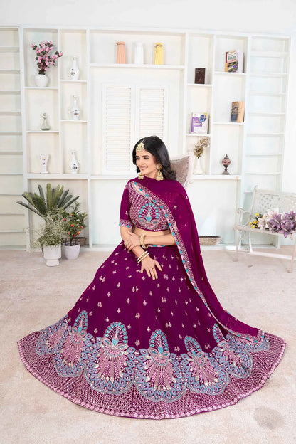 Black Berry Wine Georgette Lehenga With Thread Sequins Embroidery Work