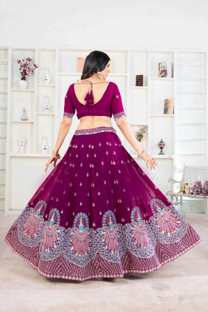 Black Berry Wine Georgette Lehenga With Thread Sequins Embroidery Work