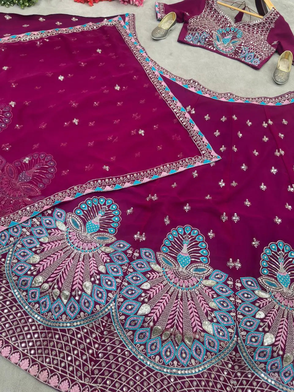 Black Berry Wine Georgette Lehenga With Thread Sequins Embroidery Work