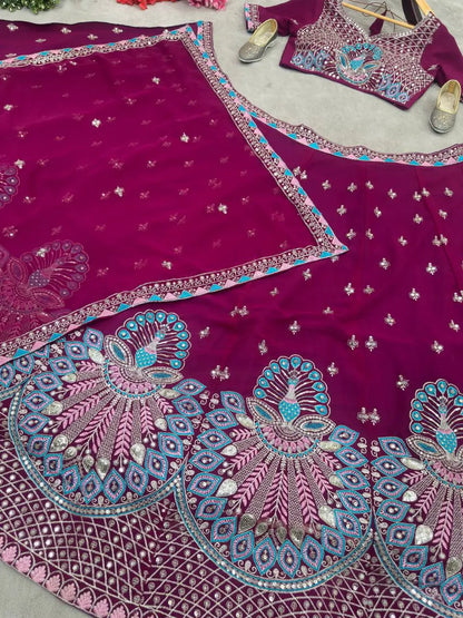Black Berry Wine Georgette Lehenga With Thread Sequins Embroidery Work