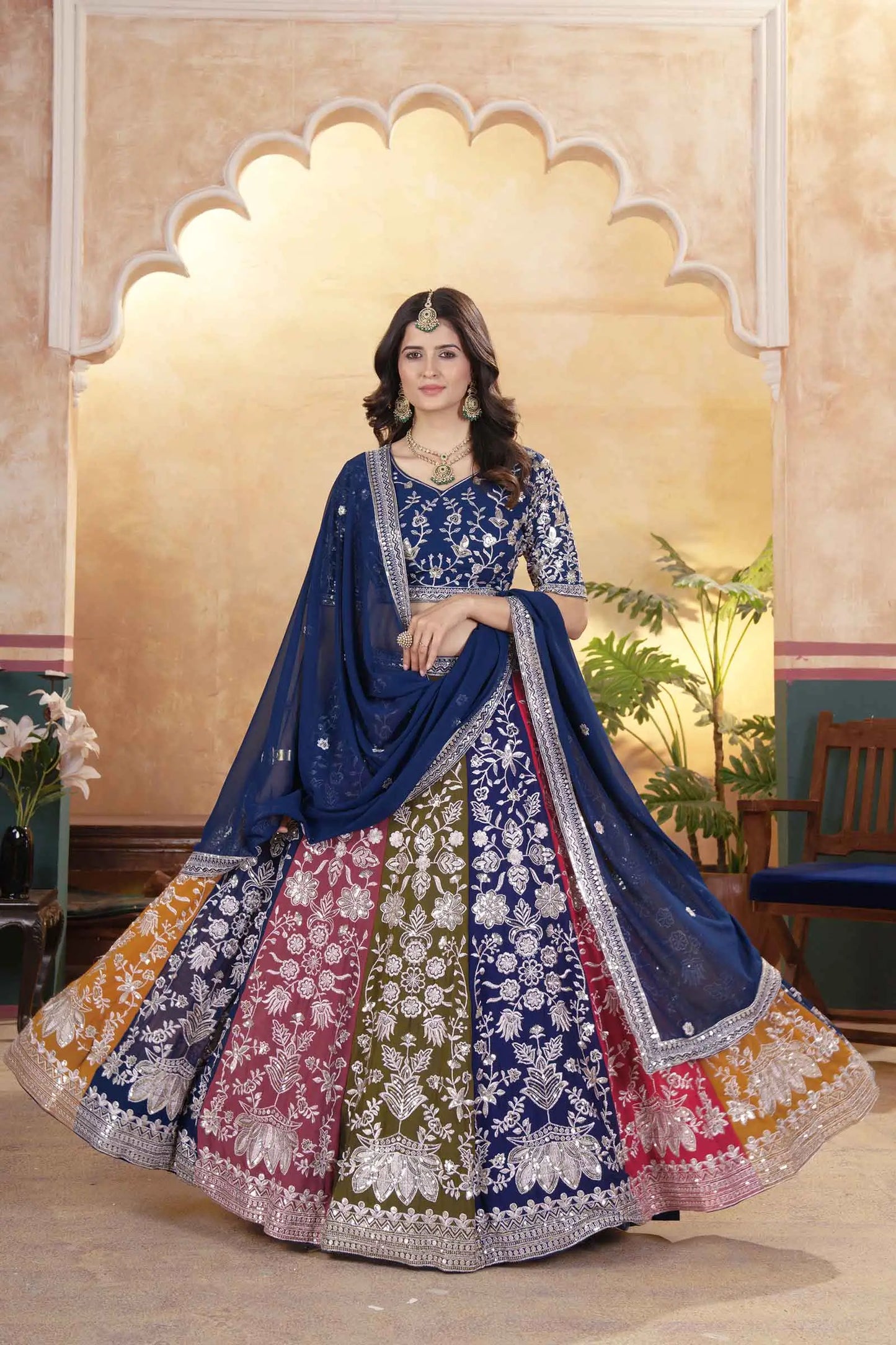 Multi Color Sequins Zari Embroidery Work  Georgette Lehenga With Dupatta